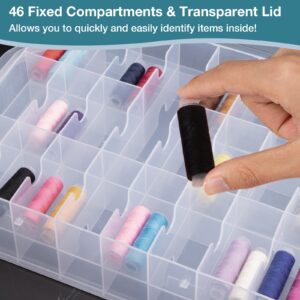 Udefineit Double Sided 46 Grids Sewing Organizer, Large Clear Plastic Container Sewing Spool Thread Storage Box, Portable Bobbins Organizer Case for Embroidery Floss, Craft Beads, Jewelry, Nail Polish