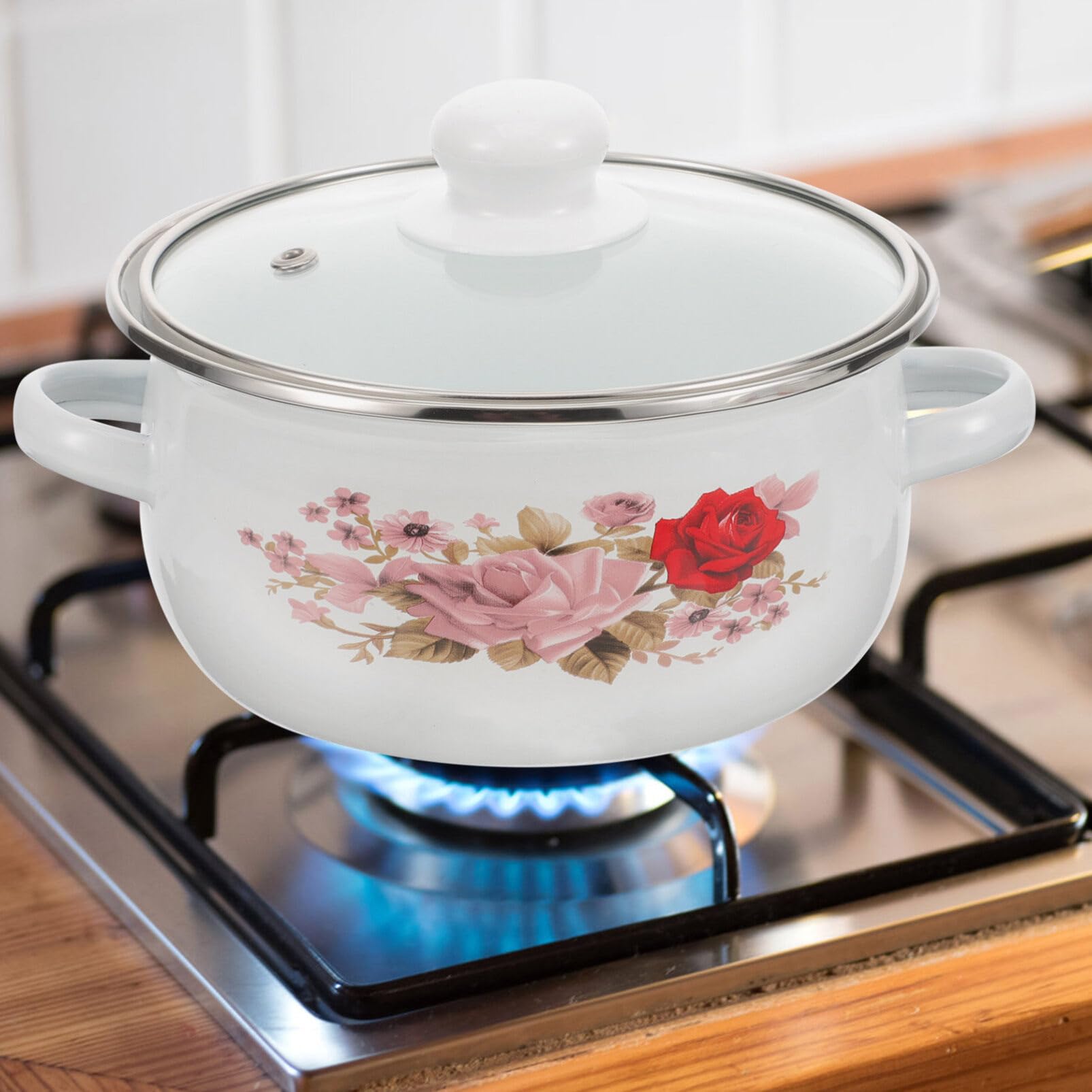 Luxshiny 3pcs Enamel Stock Pot with Lid Retro Floral Cooking Pot Stew Bean Simmer Pot Vintage Soup Pot with Handles Nonstick Cookware for Induction Cookers Gas Stove Random Pattern