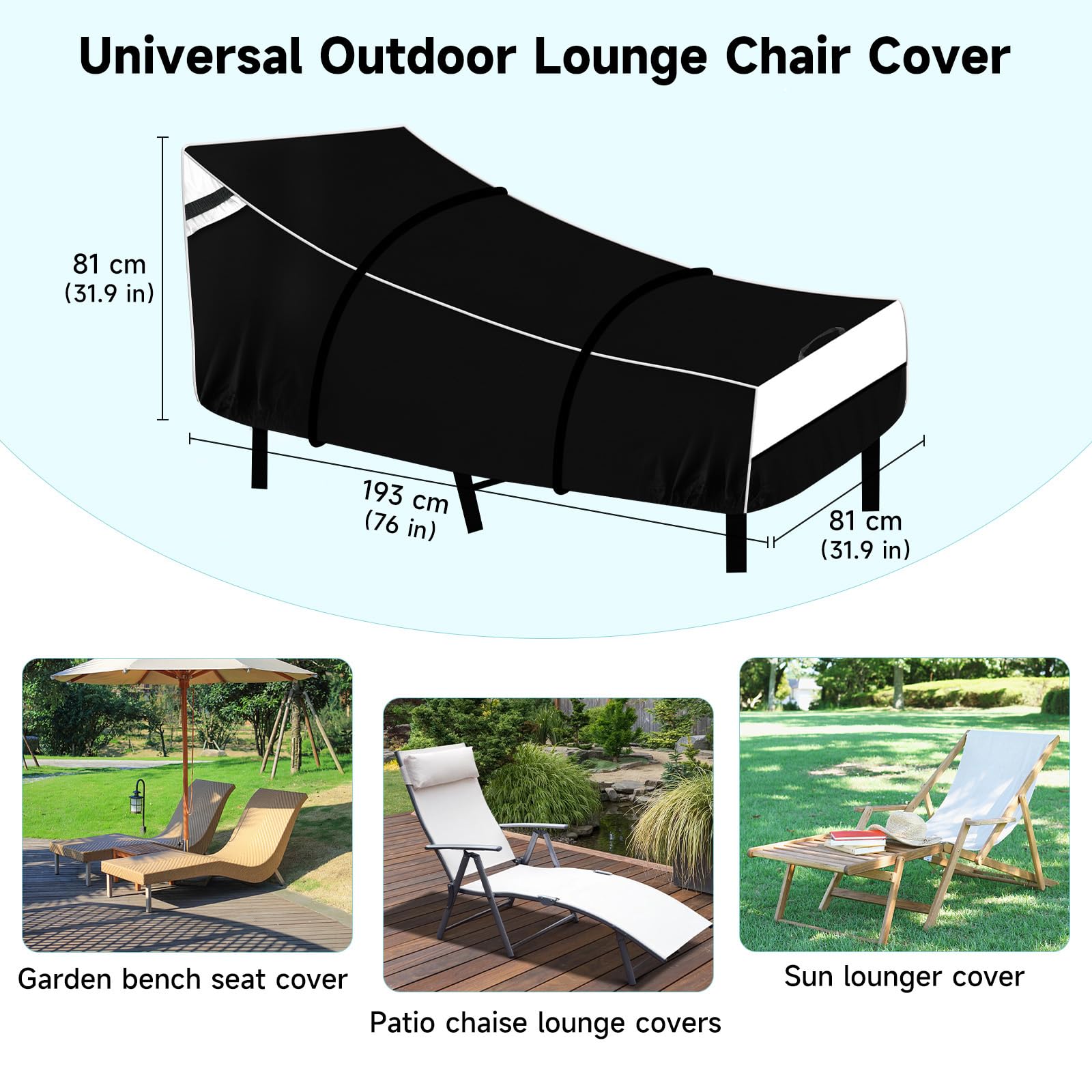 NEVERLAND Waterproof Patio Lounge Chair Cover, Outdoor Chaise Lounge Covers with Heavy Duty Material, 420D Waterproof Outdoor Chairs Cover 76L x 32W x 32H inch Black (2 PACK)