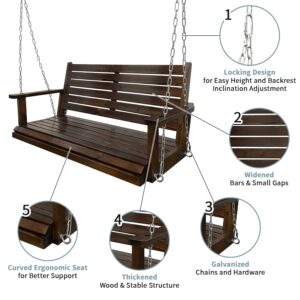 Wooden Porch Swing, Ergonomic Seat, Bench Swing with Hanging Chains and 7mm Springs, Heavy Duty 800 LBS, for Outdoor Patio Garden Yard (Deep Brown, 2-Seater)