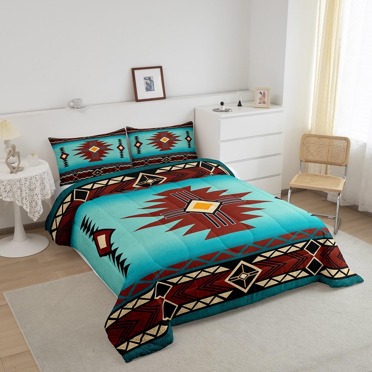 Southwest Comforter Set Queen Size,Geometric Aztec Tribal Striped Print Quilt Set Rustic Western Bedding Set for Kids Girls Woman Men Room Decor,Adult Retro Turquoise Red Duvet Insert 3Pcs