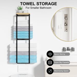 Rolled Towel Racks for Bathroom Wall Mounted, Wall Towel Rack for Large Bath Rolled Towels, Metal Wall Towel Holder Mounted Towel Storage for Small Bathroom (Black, 2 Tier)