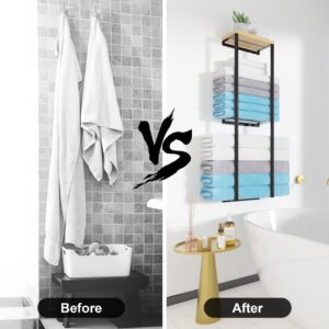 Rolled Towel Racks for Bathroom Wall Mounted, Wall Towel Rack for Large Bath Rolled Towels, Metal Wall Towel Holder Mounted Towel Storage for Small Bathroom (Black, 2 Tier)