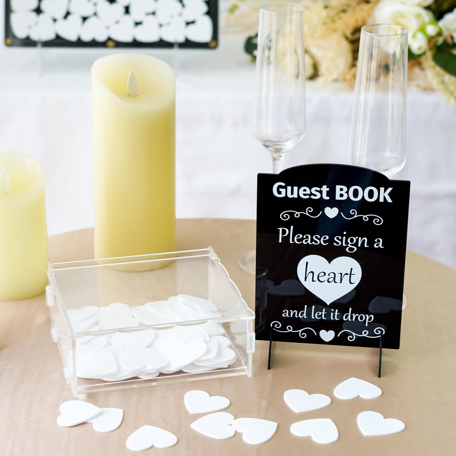 AerWo Wedding Guest Book Alternative, Acrylic Guest Book Wedding Reception Wedding Heart Guest Book Drop Box with Picture Frame,100 Acrylic Hearts,Wedding Signs for Graduations Baby Shower Anniversary