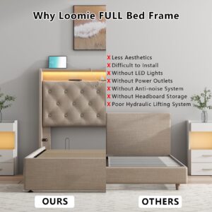 Loomie Full Lift Up Bed Frame with Charging Station & LED Lights, Upholstered Bed with Button Tufted Wingback Storage Headboard, Hydraulic Storage, No Box Spring Needed, Wood Slats Support,Beige