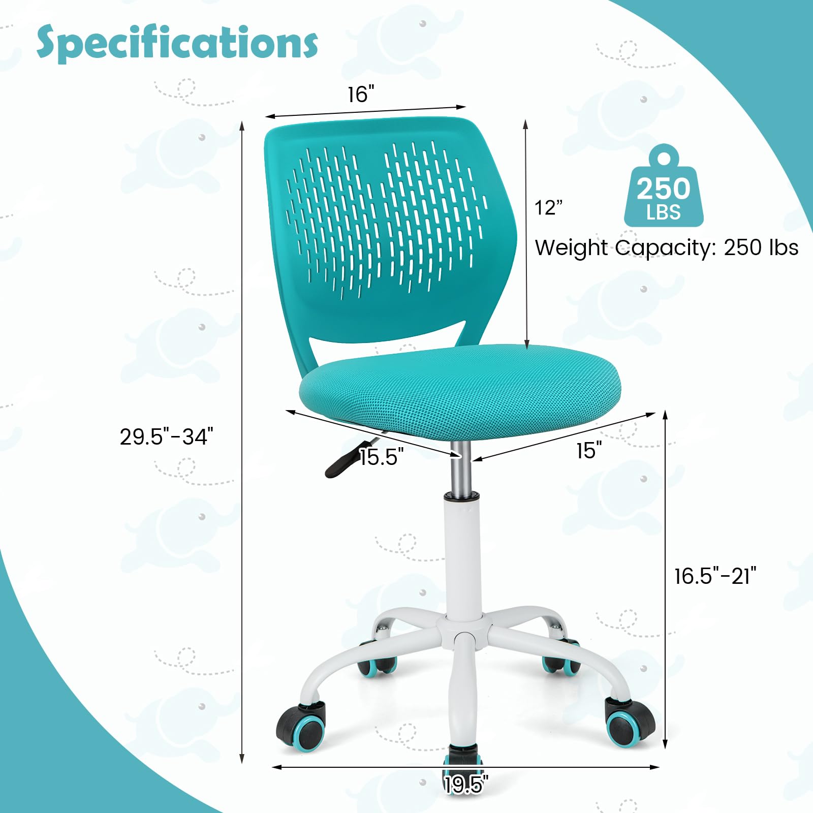 MEDIMALL Kids Desk Chair, Ergonomic Kids Office Chair Ages8-12 w/Lumbar Support, Low-Back Teen Desk Chair for Girls Boys, Small Cute Kids Computer Chair for Bedroom/Study/Vanity Desk, Turquoise