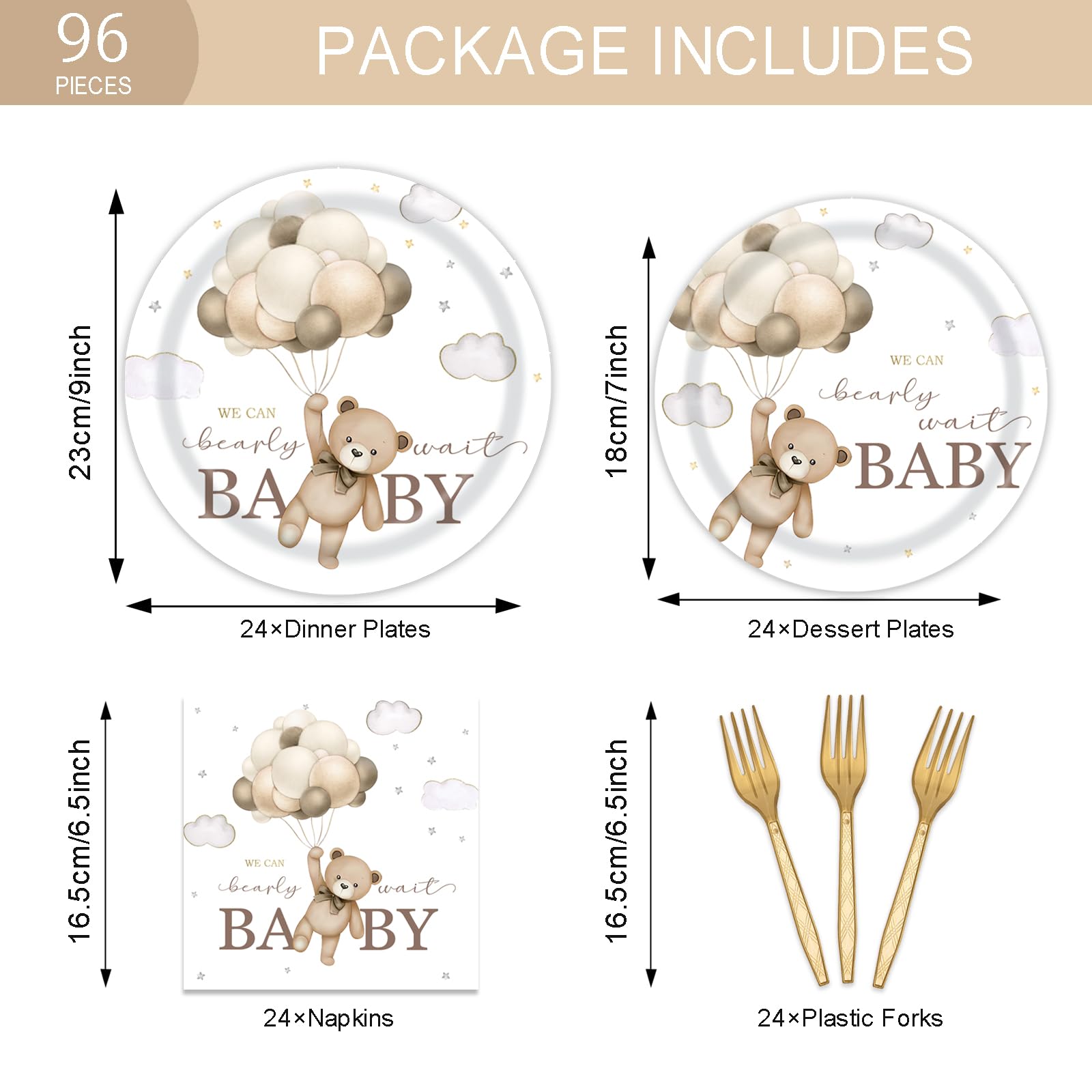 We Can Bearly Wait Bear Baby Shower Party Supplies Serves 24, Includes Plates, Napkins, Forks, Brown Nude Party Tableware Set for Boy Girl, Total 96PCS