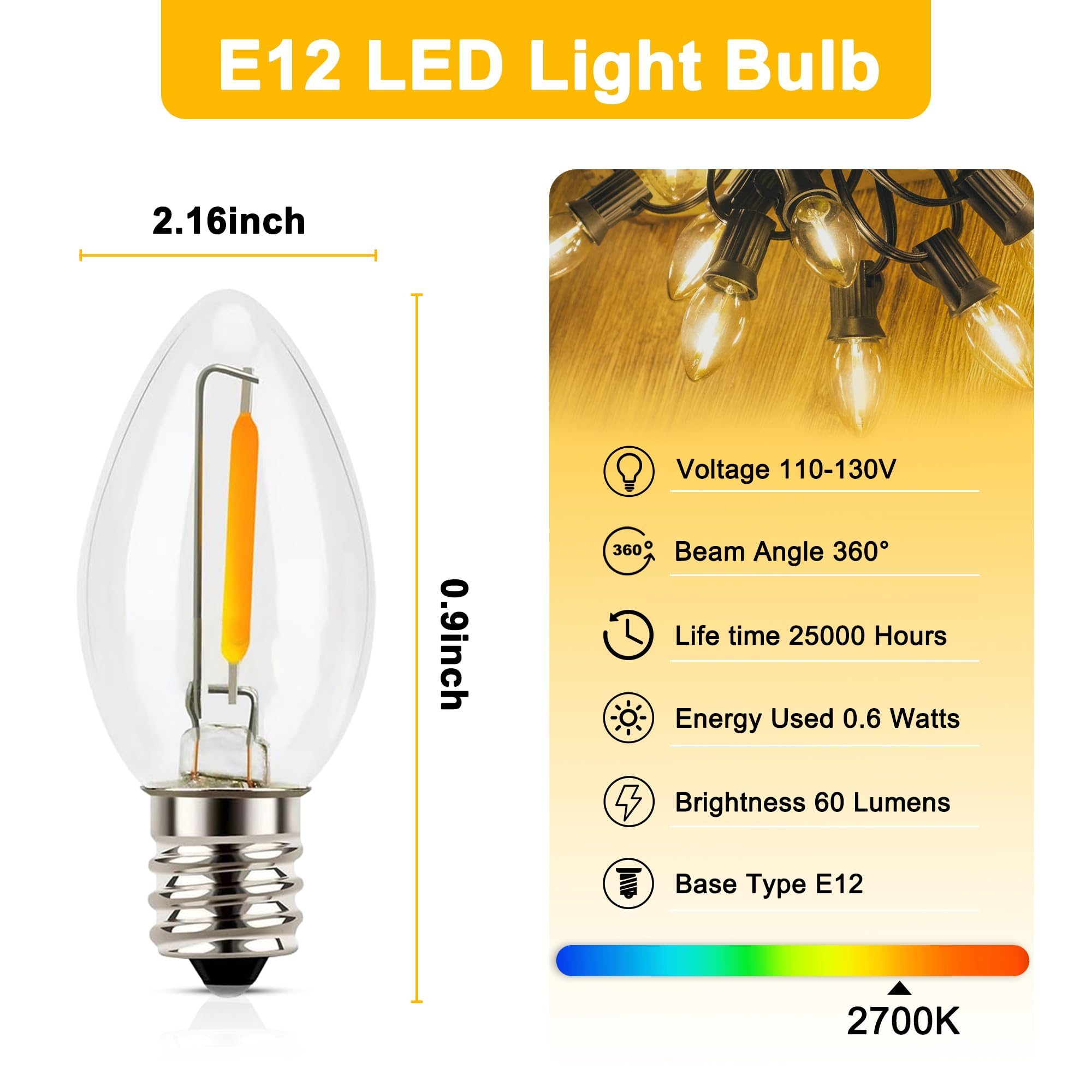 C7 LED Night Light Bulbs - E12 Candelabra Base Christmas Village Replacement Bulbs, 120V 0.6W Equivalent 7W Incandescent Bulb for Villages Houses Dept 56, Christmas Craft Village House Decor, 6 Pack