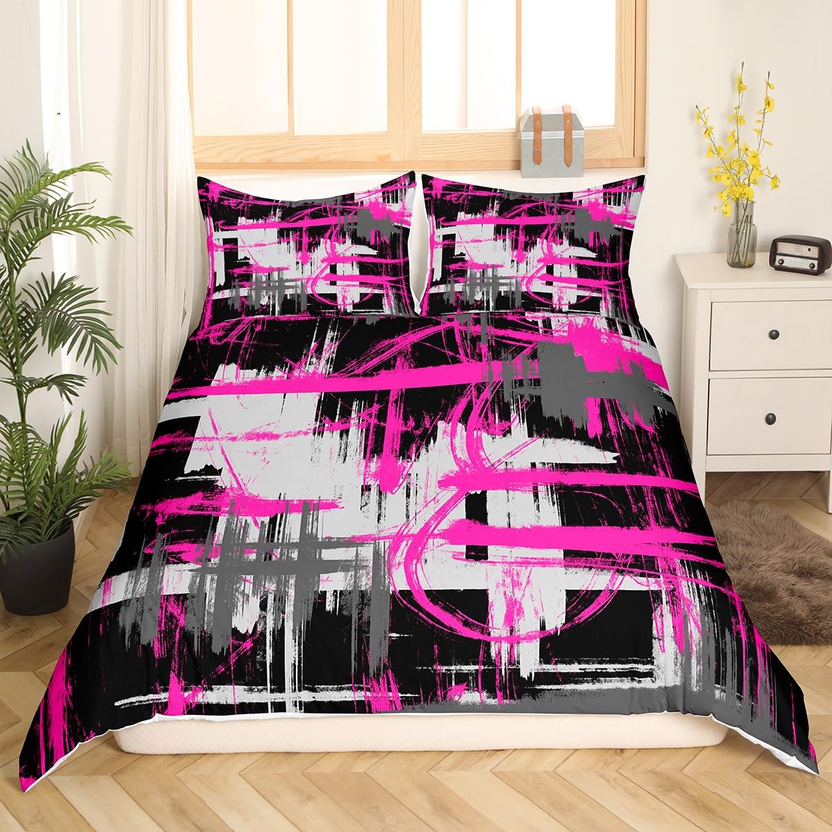 Feelyou Hot Pink Black Grey Bedding Set Queen Size Kids Abstract Art Comforter Cover Set for Boys Teens Modern Striped Art Duvet Cover Breathable Geometric Bedspread Cover Room Decor Quilt Cover