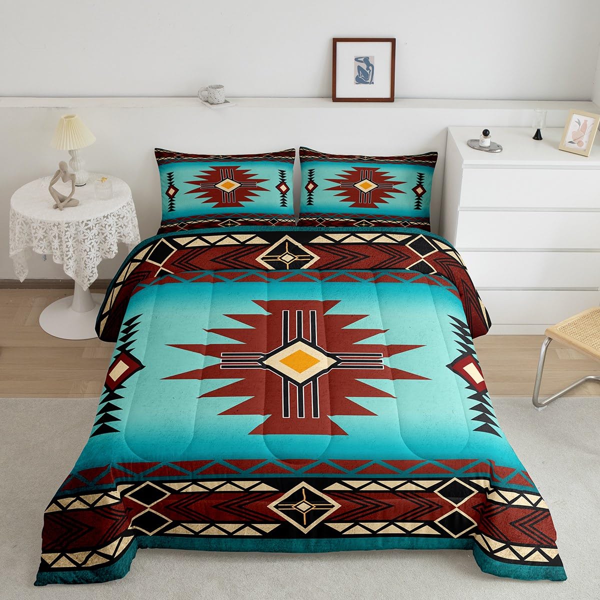 Southwest Comforter Set Queen Size,Geometric Aztec Tribal Striped Print Quilt Set Rustic Western Bedding Set for Kids Girls Woman Men Room Decor,Adult Retro Turquoise Red Duvet Insert 3Pcs