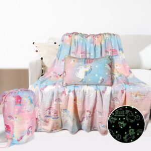 musunfe 2 pack glow in the dark blanket unicorns gifts for girls, soft blanket 50"x60" and pillowcases16 x24 - for 3 4 5 6 7 8 9 10 year old girl gifts birthday christmas halloween girls toys age 4-8