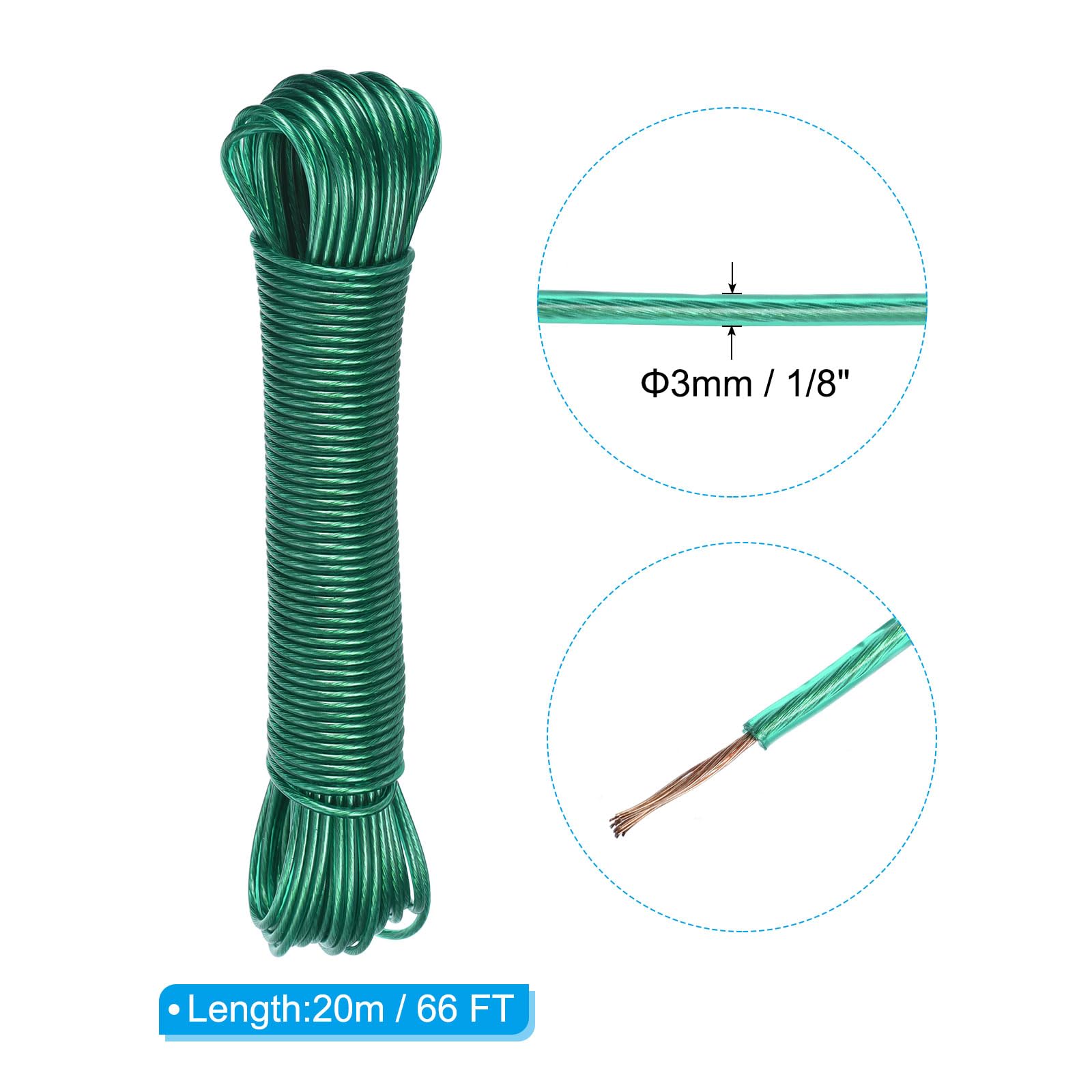 PATIKIL Plastic Coated Clothesline, 1/8 Inch x 66 FT Extra Strong Steel Core Clothes Lines Wire for Drying Clothes, Outside Hanging, Green