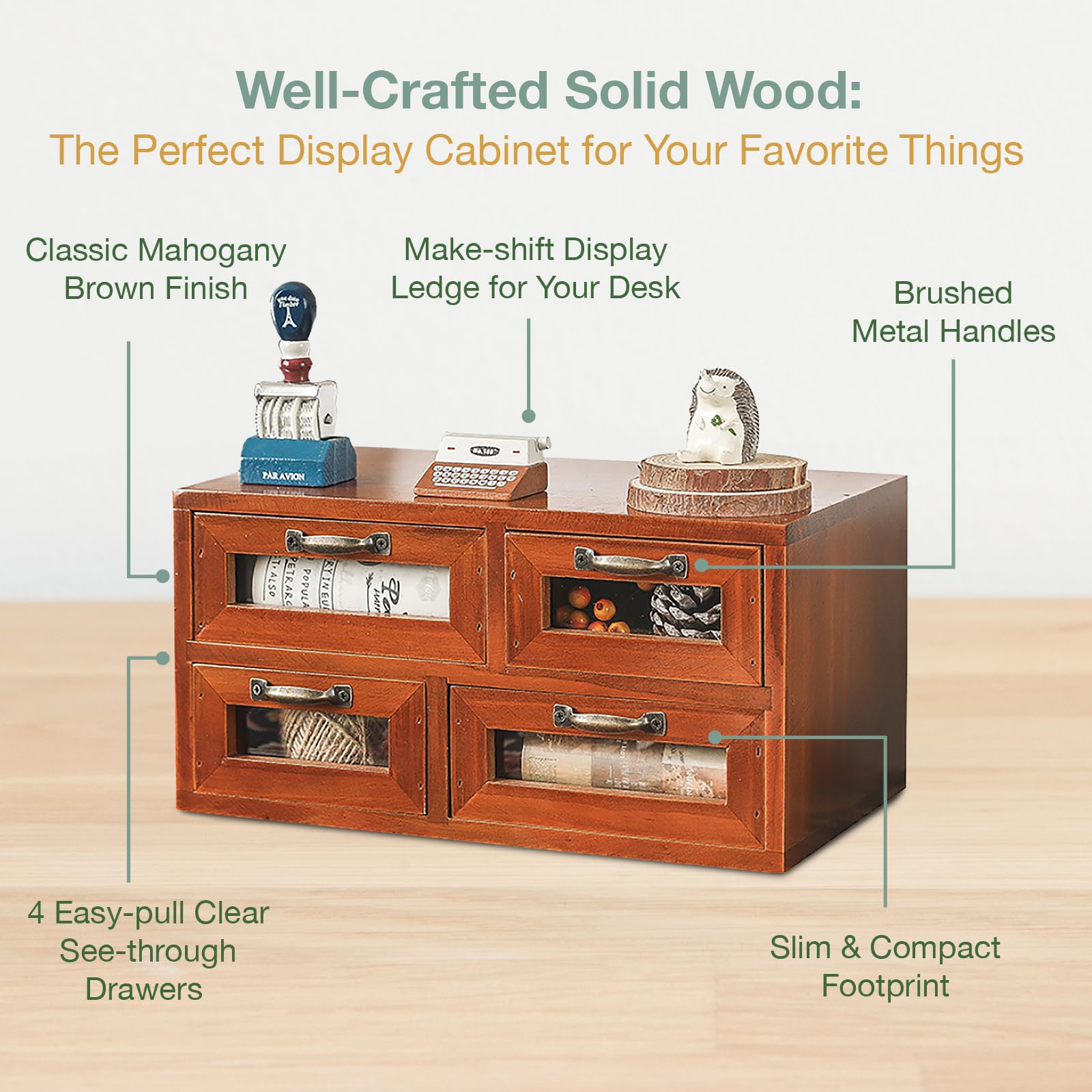 Store and Display Wooden Desk Top Organizer Cabinet - Mahogany Wood Display Chest with 4 See-Through Drawers - Additional Storage for Work Table, Vanity, Dresser Shelf or Kitchen Counter