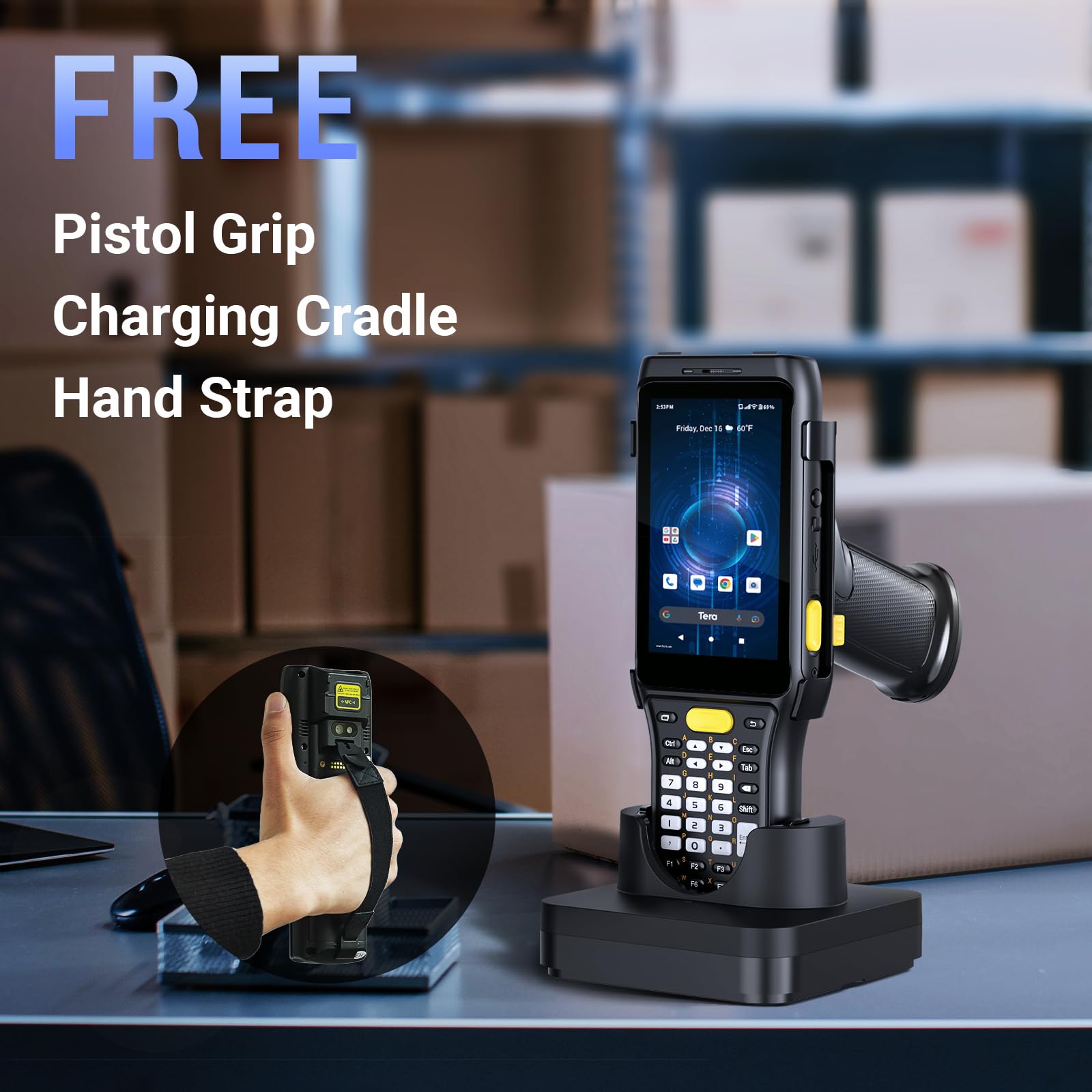 Tera Pro Android Barcode Scanner: 37 Keys Zebra SE4750MR Scan-Range 13FT Qualcomm CPU 6700mAh with Hot-swap Android 11 1D 2D QR Handheld PDA Charging Cradle Pistol Grip 4G BT 5.0 Wi-Fi GPS P161