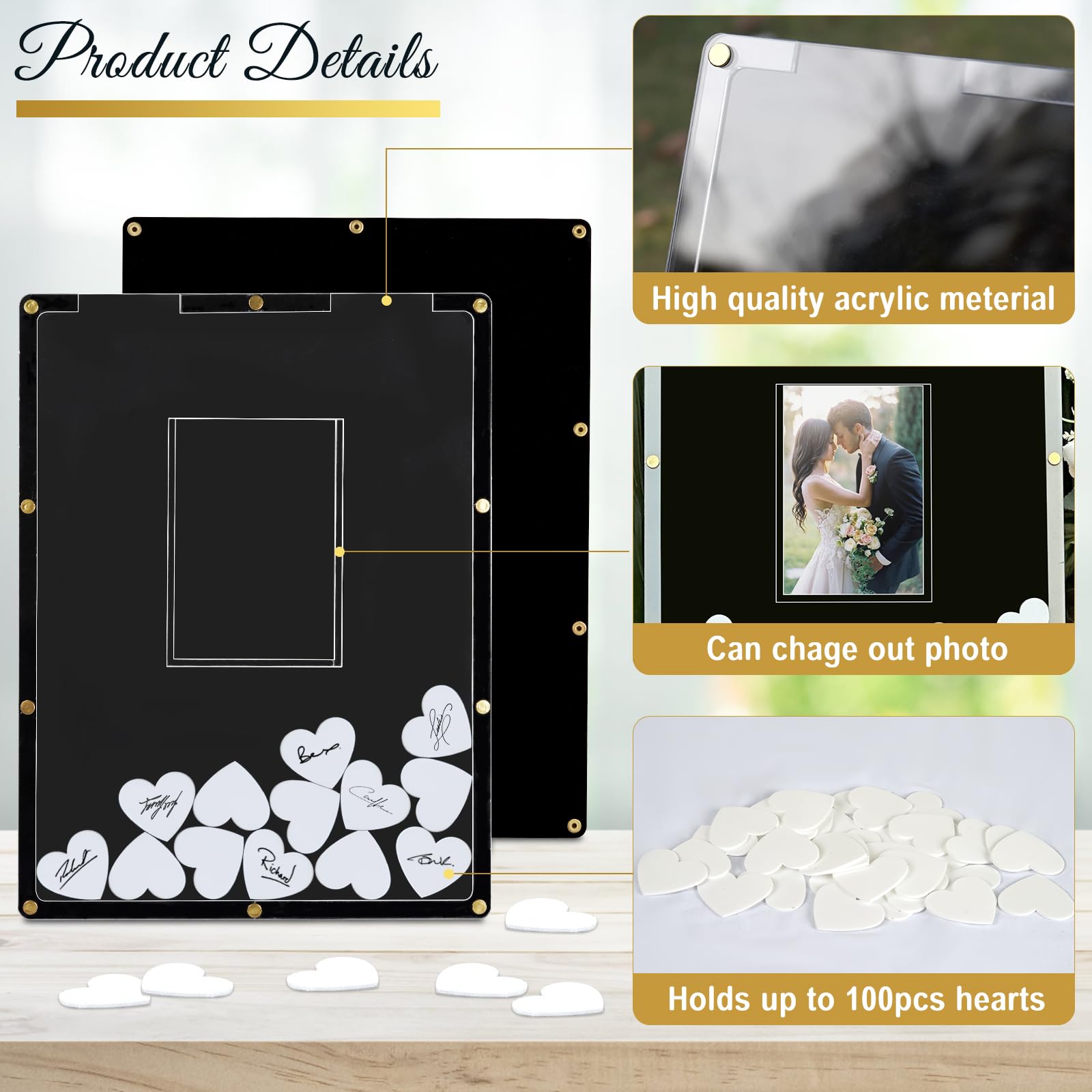 AerWo Wedding Guest Book Alternative, Acrylic Guest Book Wedding Reception Wedding Heart Guest Book Drop Box with Picture Frame,100 Acrylic Hearts,Wedding Signs for Graduations Baby Shower Anniversary