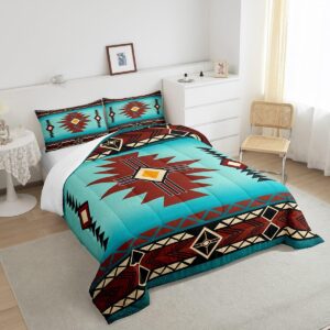 Southwest Comforter Set Queen Size,Geometric Aztec Tribal Striped Print Quilt Set Rustic Western Bedding Set for Kids Girls Woman Men Room Decor,Adult Retro Turquoise Red Duvet Insert 3Pcs