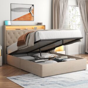 loomie full lift up bed frame with charging station & led lights, upholstered bed with button tufted wingback storage headboard, hydraulic storage, no box spring needed, wood slats support,beige