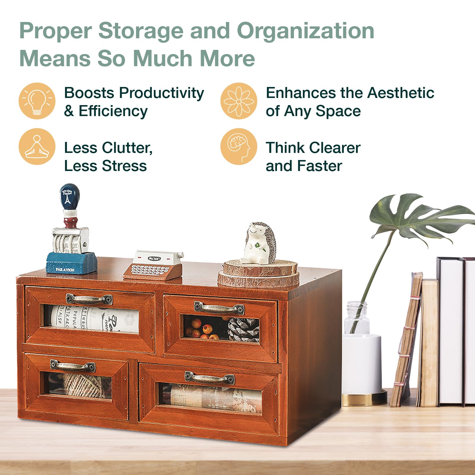 Store and Display Wooden Desk Top Organizer Cabinet - Mahogany Wood Display Chest with 4 See-Through Drawers - Additional Storage for Work Table, Vanity, Dresser Shelf or Kitchen Counter