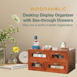 Store and Display Wooden Desk Top Organizer Cabinet - Mahogany Wood Display Chest with 4 See-Through Drawers - Additional Storage for Work Table, Vanity, Dresser Shelf or Kitchen Counter