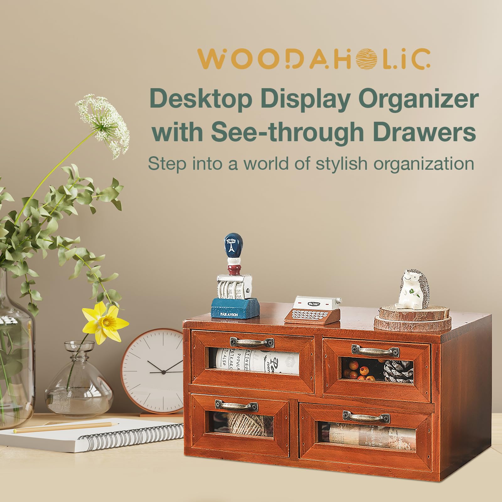 Store and Display Wooden Desk Top Organizer Cabinet - Mahogany Wood Display Chest with 4 See-Through Drawers - Additional Storage for Work Table, Vanity, Dresser Shelf or Kitchen Counter