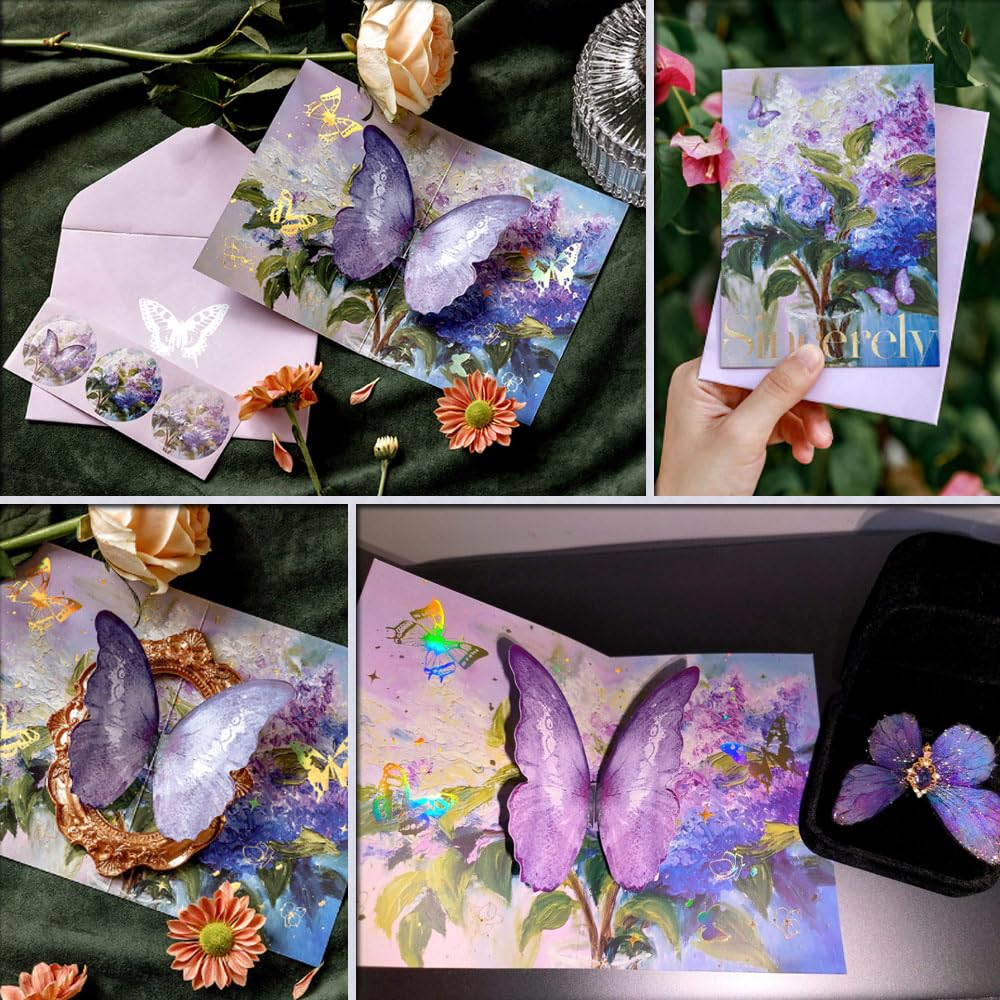 leuapl 3D Pop Up Butterfly Greeting Card with Envelope for Friends, Foldable Popup Celebration Cards for Birthday, Graduation, Wedding, Anniversary, Thank You,Valentine's Day, All Occasio (Purple)