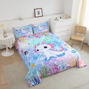 Cartoon Axolotl Kids Comforter Set Twin Size,Mermaid Scales Marine Romantic Bedding Set,Girls Boys Women Room Decor,Ocean Animals Cute Down Comforter,Blue Purple Dreamy Duvet Insert,1 Pillowcase