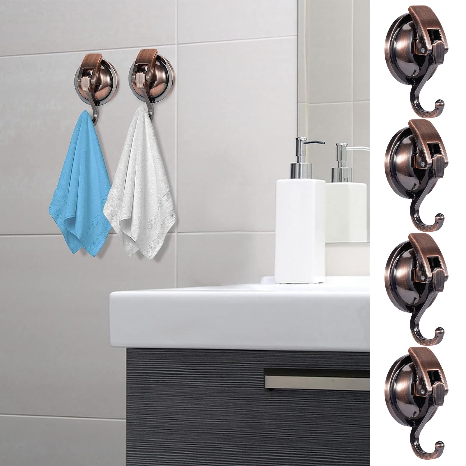 ulafbwur Suction Cup Hook 4pcs Hooks Shower Heavy Duty Vacuum Reusable Punch-Free Window Glass Bronze Coffee