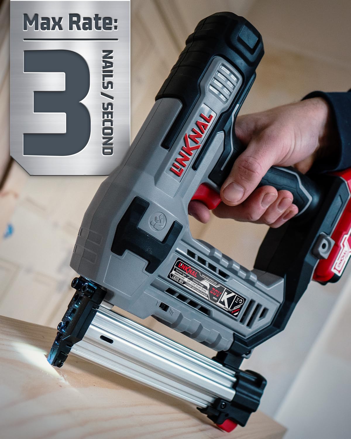 Electric Nail Gun, LINKNAL Cordless Brad Nailer Battery Powered,18 Gauge, 2×20V MAX Li-ion Batteries, Charger and 1000 Nails Included (L820-BN)