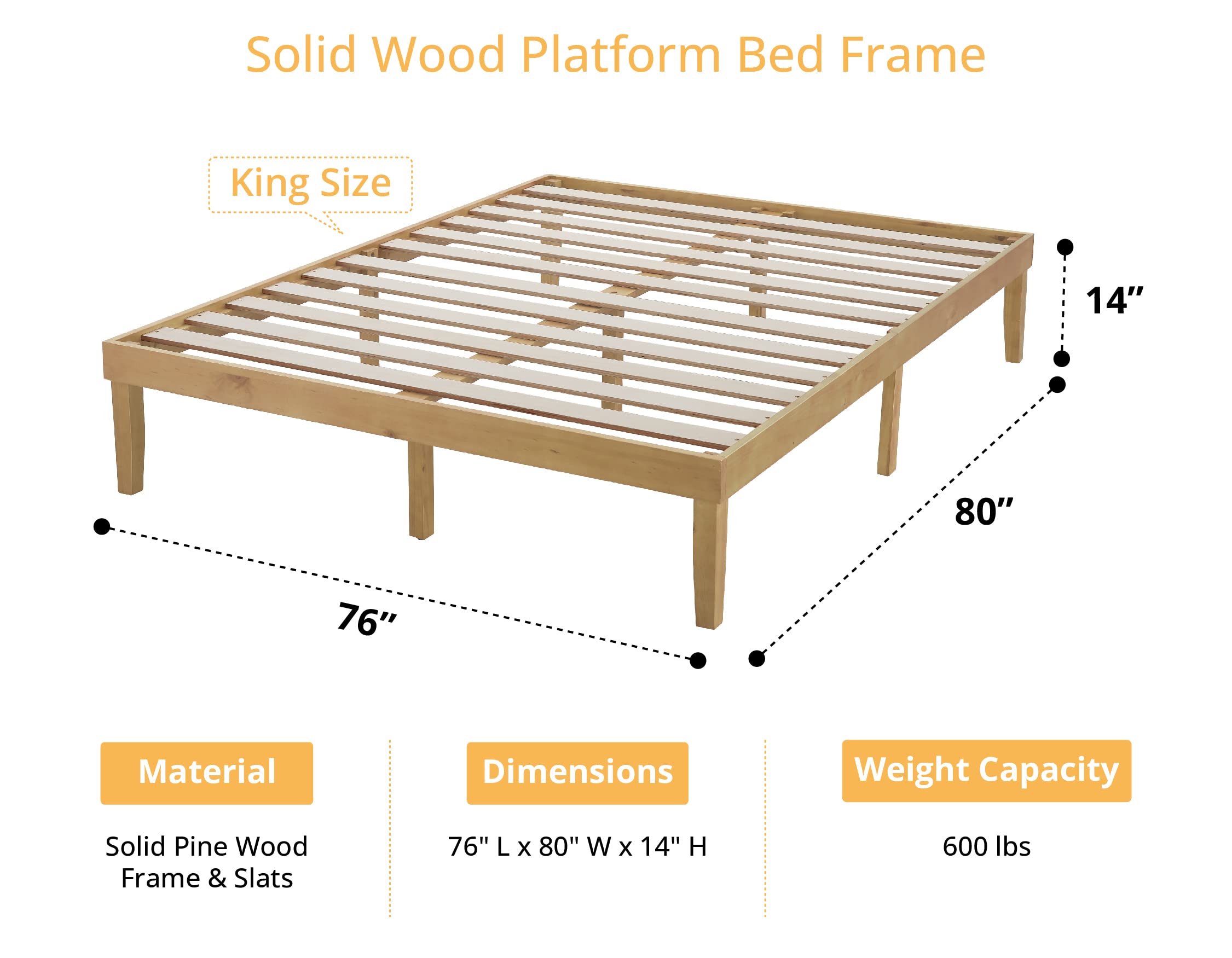 Linda 14 Inch King Solid Wood Platform Bed Frame, No Squeak Bed Frame with Wooden Slats, No Box Spring Needed, 9.2” Under Bed Storage – Natural