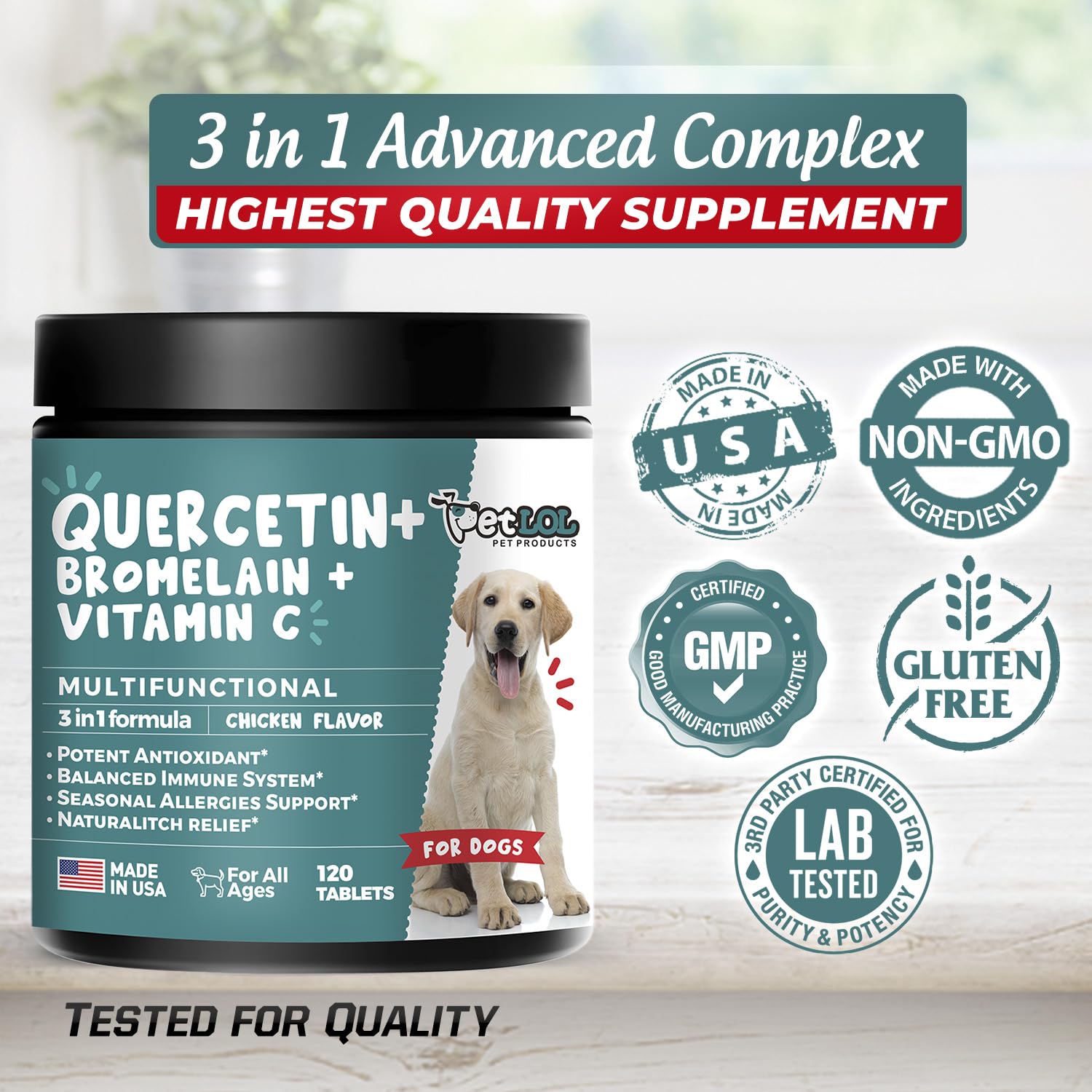 PET LOL Quercetin for Dogs with Bromelain and Vitamin C | 3-in-1 Supplement for Dog Allergies, Immune Support, Itch Relief, Promote Inflammatory Relief & Antioxidant Activity | 120 Chewable Tablets