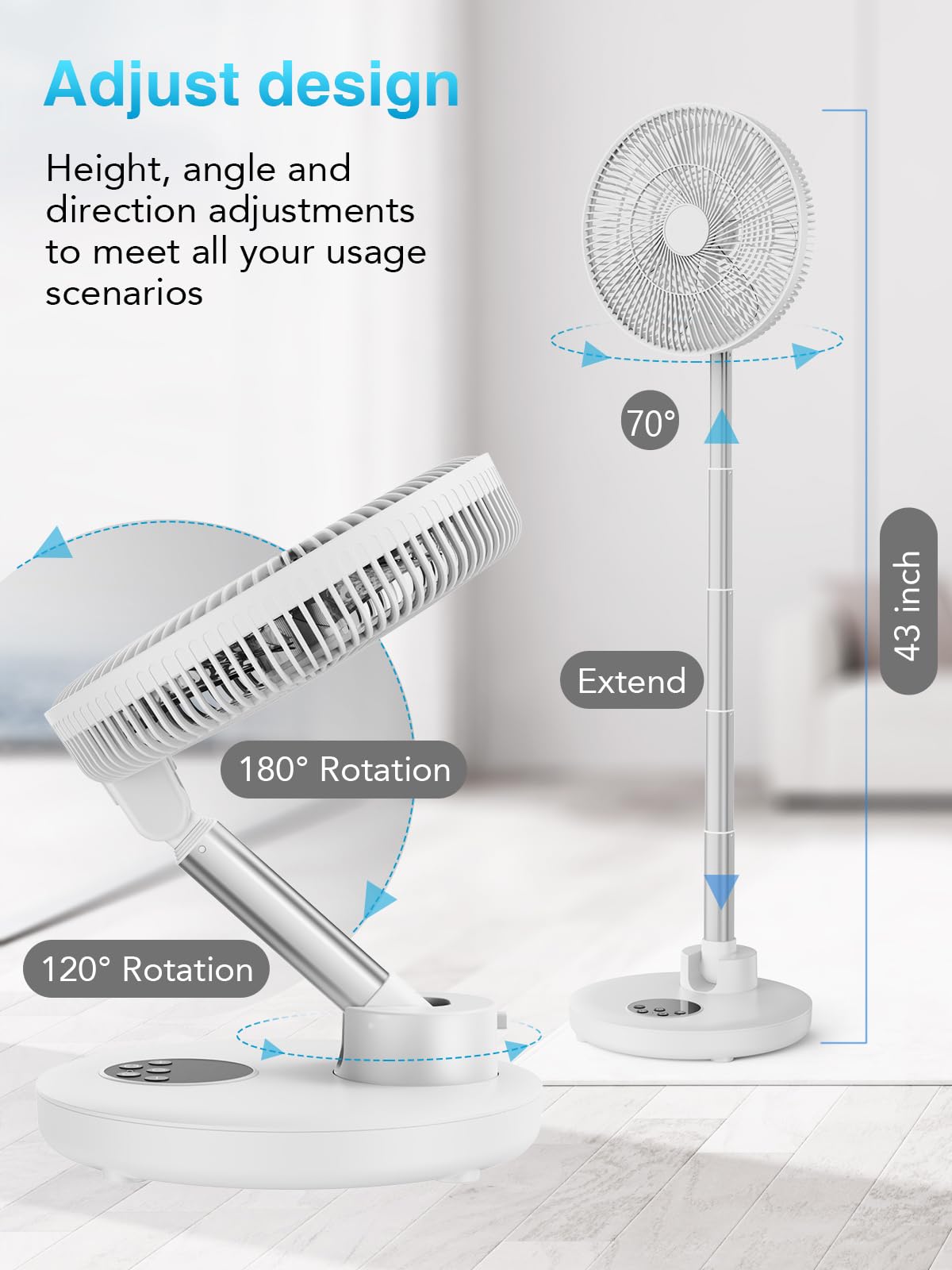 Eposy Standing Oscillating Fan 12" Foldable Portable Quiet Floor Fan,12000mAh with Remote, Timer, Height Adjustable,6 Speed Portable Fan,White