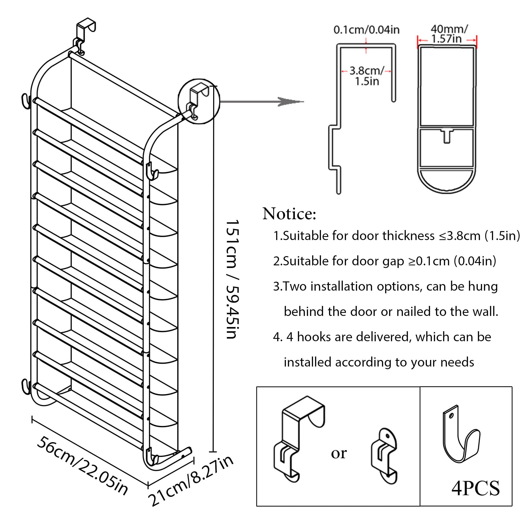 MUOU 10 Tier Shoe rack Hanging Shoe Storage the door shoe rack for Closet Pantry Over The Door Shoe Organizer Wall Floating Shelves (Gray, 10 Tier)