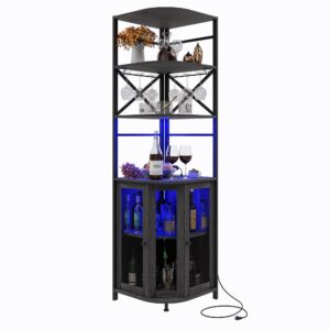 aufvolr wine bar cabinet with power outlet, 6-tiers industrial wine cabinet with led light and glass holder, corner bar cabinet with adjustable shelf and mesh door, liquor cabinet bar for home