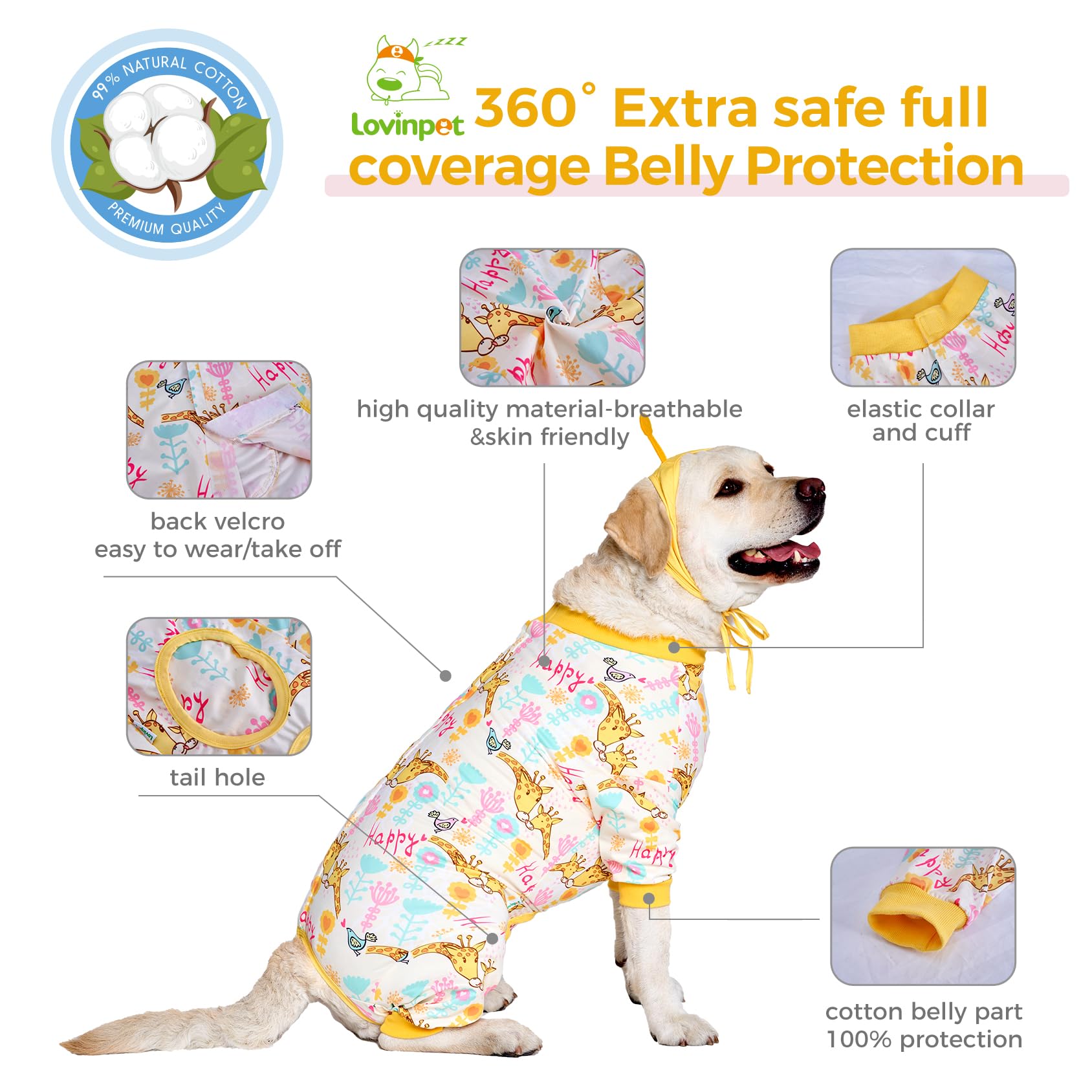 LovinPet Dog Surgery Recovery Suit - Professional Large Dog Recovery Suit Abdominal Wound Surgical Clothes Post-Operative Vest E-Collar Alternative Recovery,Giraffe,Yellow,L