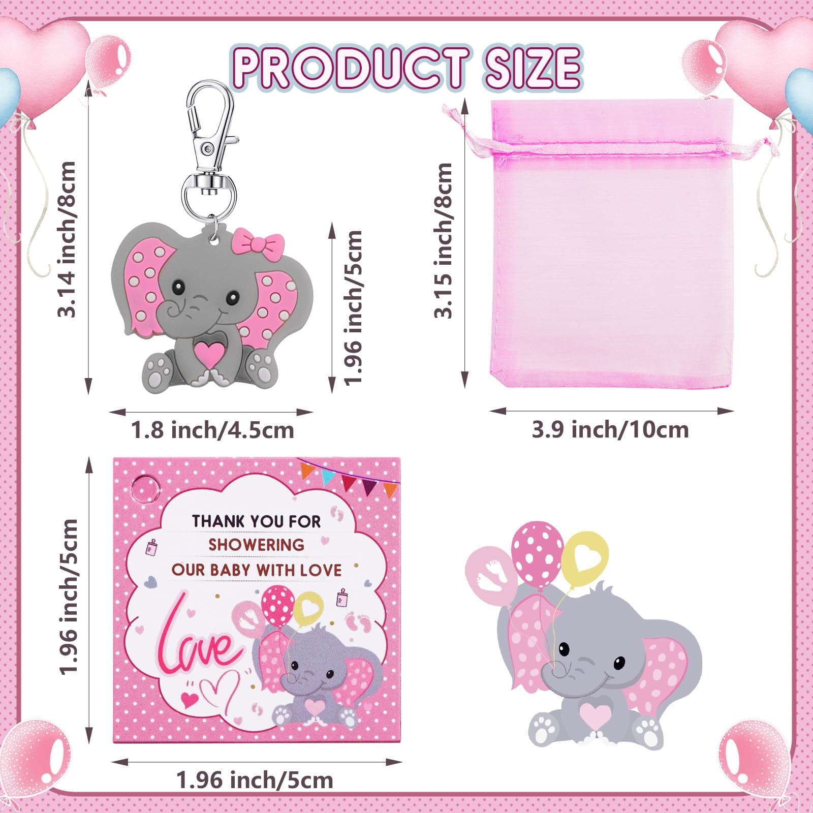 HozHoy 40 Sets Baby Shower Favors for Girls, Guests Gifts Including Elephant Keychains Decorations, Drawstring Bags, Thank You Cards for Baby Shower Party