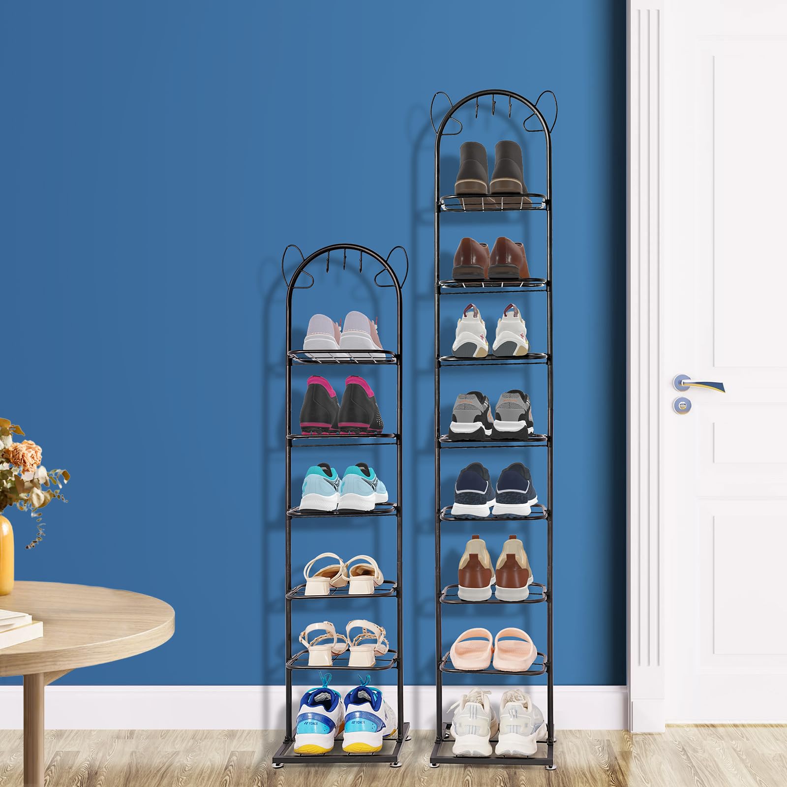 DOADW Vertical Shoe Rack 8 Tier, Narrow Shoe Rack for Closet Entryway, Sturdy Metal Skinny Shoe Rack with Hooks, Slim Shoe Rack for Small Spaces, Space Saving Corner Shoe Storage Organizer, Black