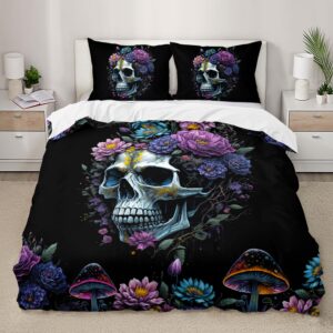 ailonen sugar skull duvet cover set king size,3d floral skull printed comforter cover set,exotic skeleton mystic mushroom bedding set for boys girls 3 pieces, 1 quilt cover and 2 pillowcases