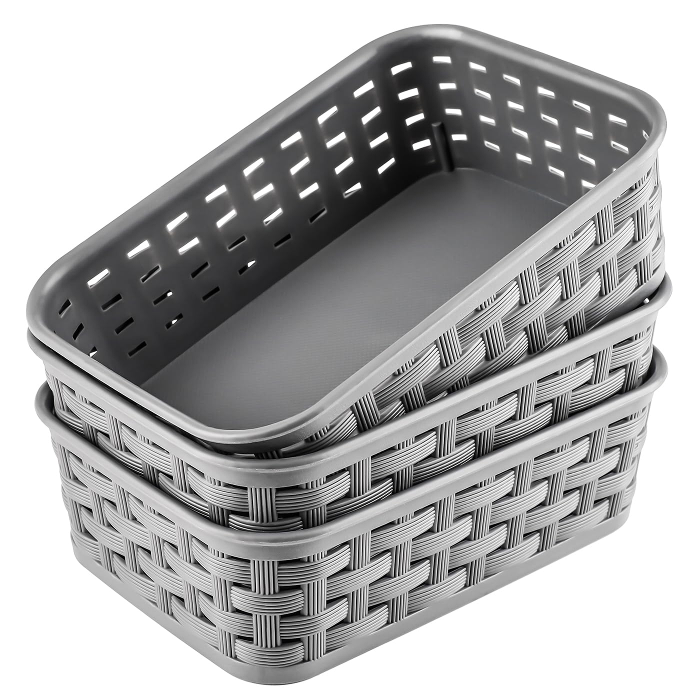 3 Pack Small Plastic Basket, Storage Bin Baskets for Organizing, Pantry Organizer Household Wicker Storage for Laundry Room, Bedrooms, Kitchens, Cabinets, Countertops, Dark Gray