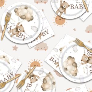 We Can Bearly Wait Bear Baby Shower Party Supplies Serves 24, Includes Plates, Napkins, Forks, Brown Nude Party Tableware Set for Boy Girl, Total 96PCS