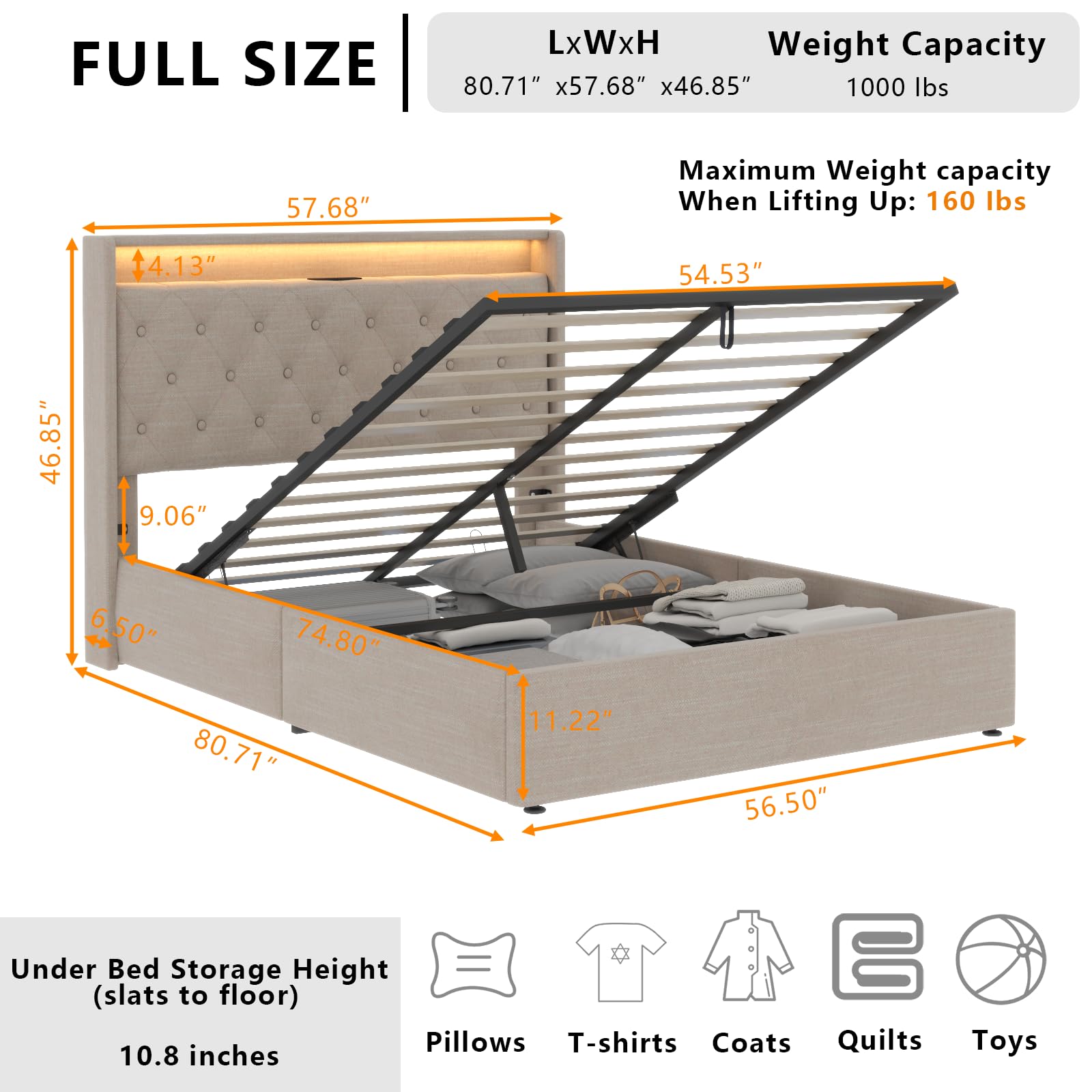 Loomie Full Lift Up Bed Frame with Charging Station & LED Lights, Upholstered Bed with Button Tufted Wingback Storage Headboard, Hydraulic Storage, No Box Spring Needed, Wood Slats Support,Beige