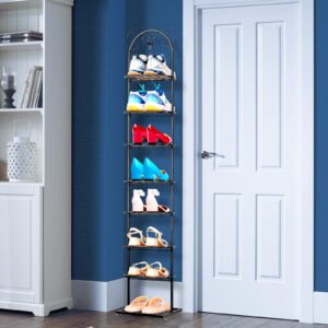 doadw vertical shoe rack 8 tier, narrow shoe rack for closet entryway, sturdy metal skinny shoe rack with hooks, slim shoe rack for small spaces, space saving corner shoe storage organizer, black