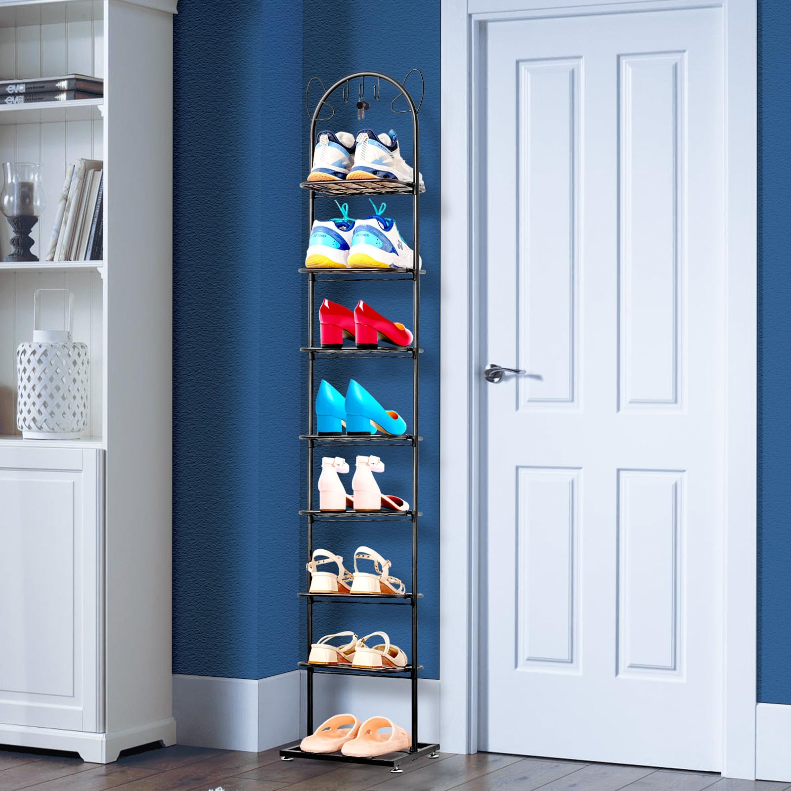 DOADW Vertical Shoe Rack 8 Tier, Narrow Shoe Rack for Closet Entryway, Sturdy Metal Skinny Shoe Rack with Hooks, Slim Shoe Rack for Small Spaces, Space Saving Corner Shoe Storage Organizer, Black