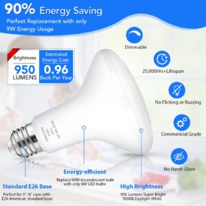 Maylaywood BR30 LED Light Bulbs Indoor Flood Light, 90W Equivalent, Dimmable, Daylight White 5000K, 950LM, E26 Base, 9W LED Recessed Can Bulb, 6-Pack