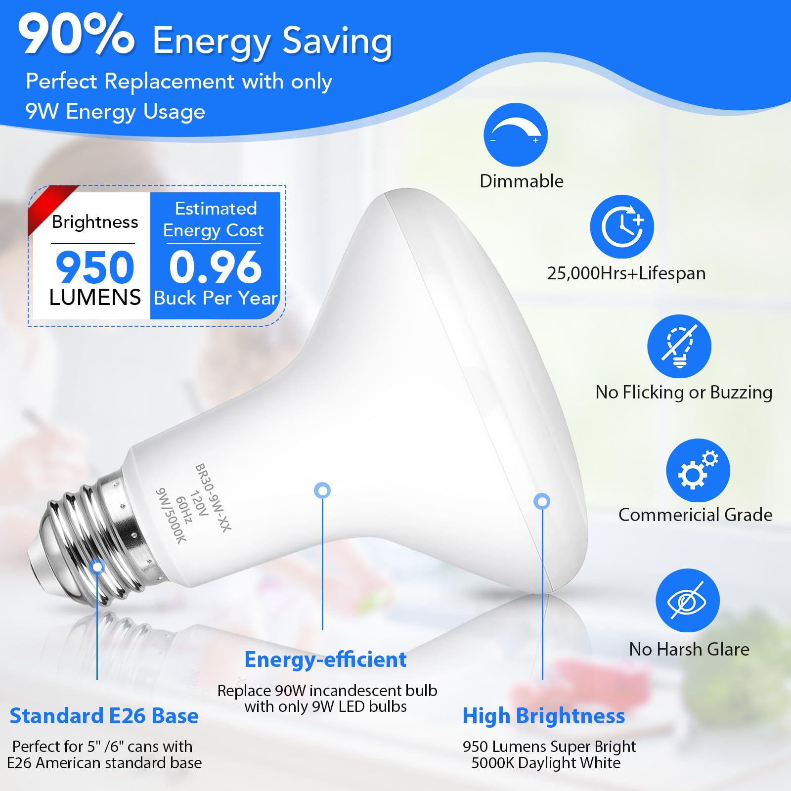 Maylaywood BR30 LED Light Bulbs Indoor Flood Light, 90W Equivalent, Dimmable, Daylight White 5000K, 950LM, E26 Base, 9W LED Recessed Can Bulb, 6-Pack