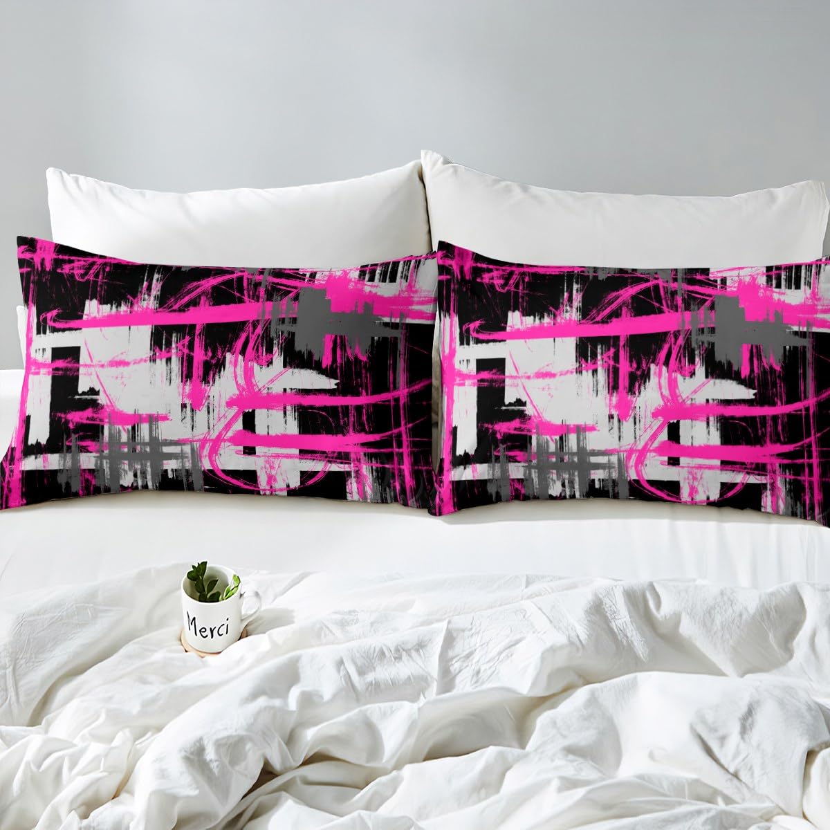 Feelyou Hot Pink Black Grey Bedding Set Queen Size Kids Abstract Art Comforter Cover Set for Boys Teens Modern Striped Art Duvet Cover Breathable Geometric Bedspread Cover Room Decor Quilt Cover