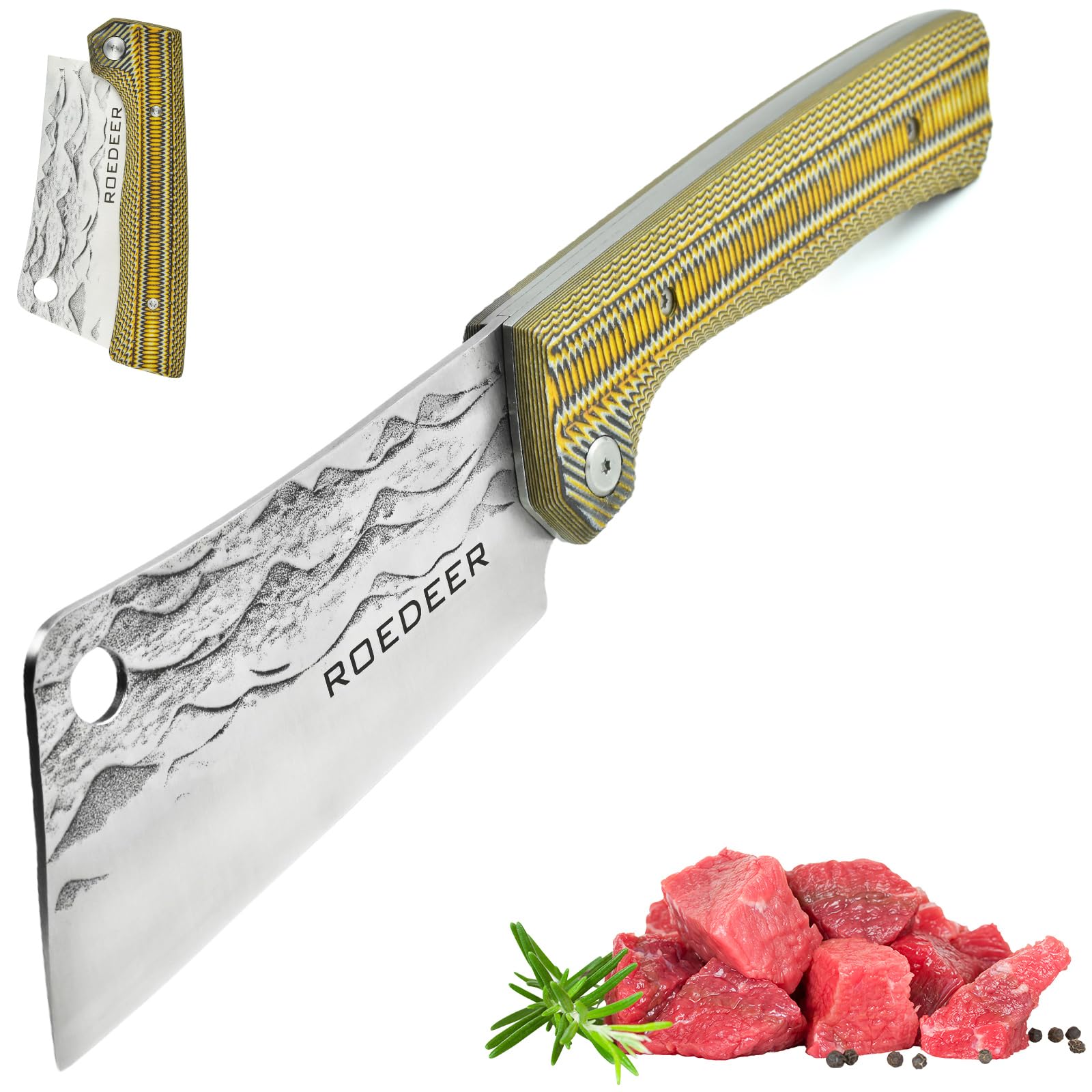 ROEDEER Heavy Folding Chef Knife, Portable Kitchen Knife, Ultra Sharp Folding Cleaver, Forged Blade Micarta Handle, Folding Kitchen Knife for Outdoor Camping Cooking (Square Blade)