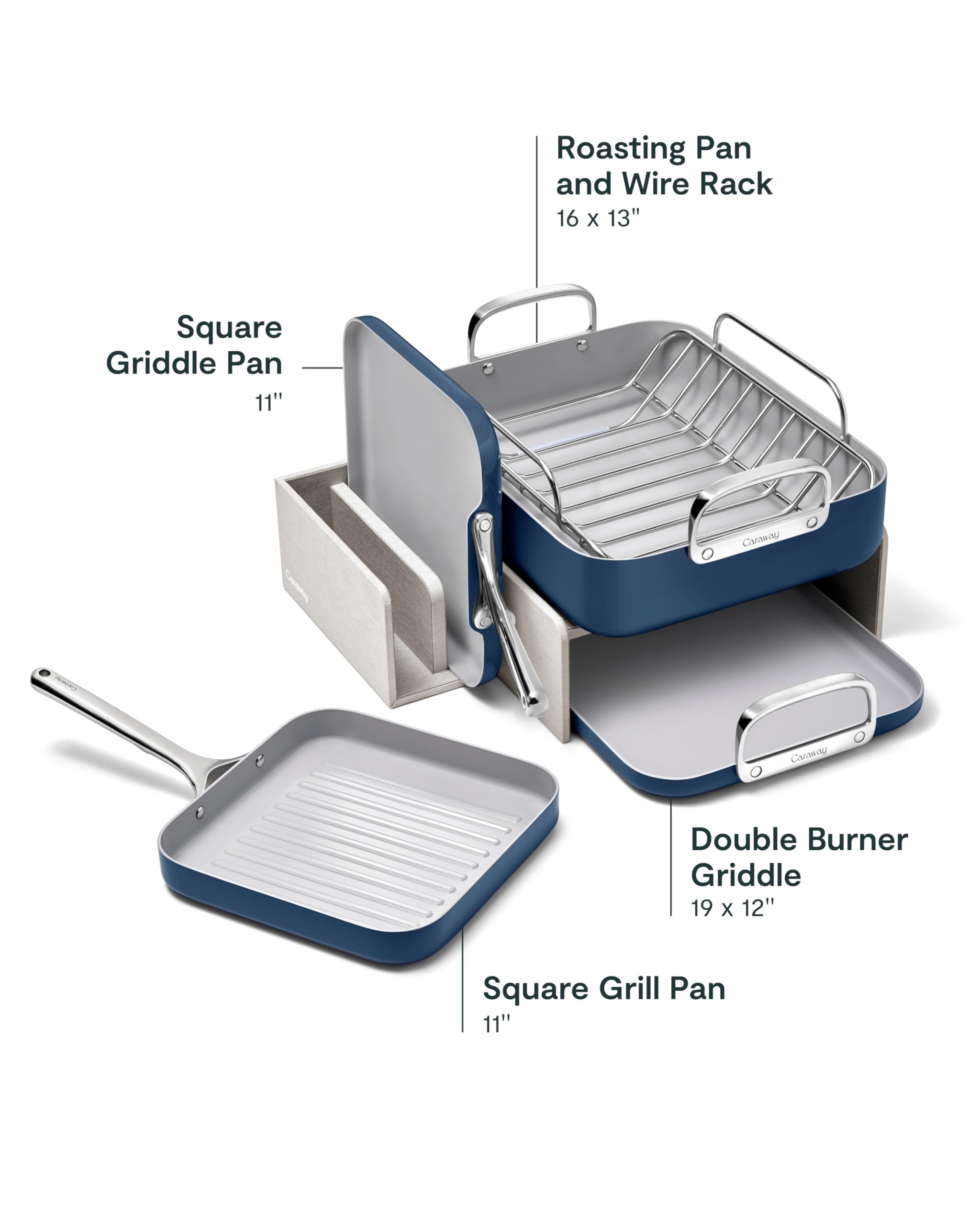 Caraway Square Cookware Set - Square Pans Set - Perfect for Griddling, Toasting, Searing, Roasting, and More - Non-Stick Ceramic Coated Pans - Non Toxic, PTFE & PFOA Free - Navy