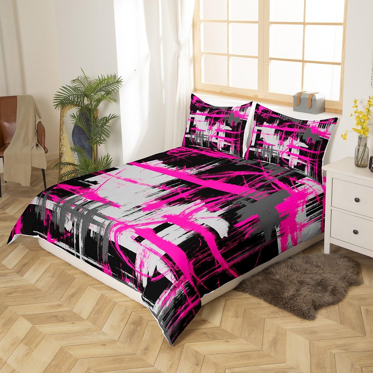 Feelyou Hot Pink Black Grey Bedding Set Queen Size Kids Abstract Art Comforter Cover Set for Boys Teens Modern Striped Art Duvet Cover Breathable Geometric Bedspread Cover Room Decor Quilt Cover