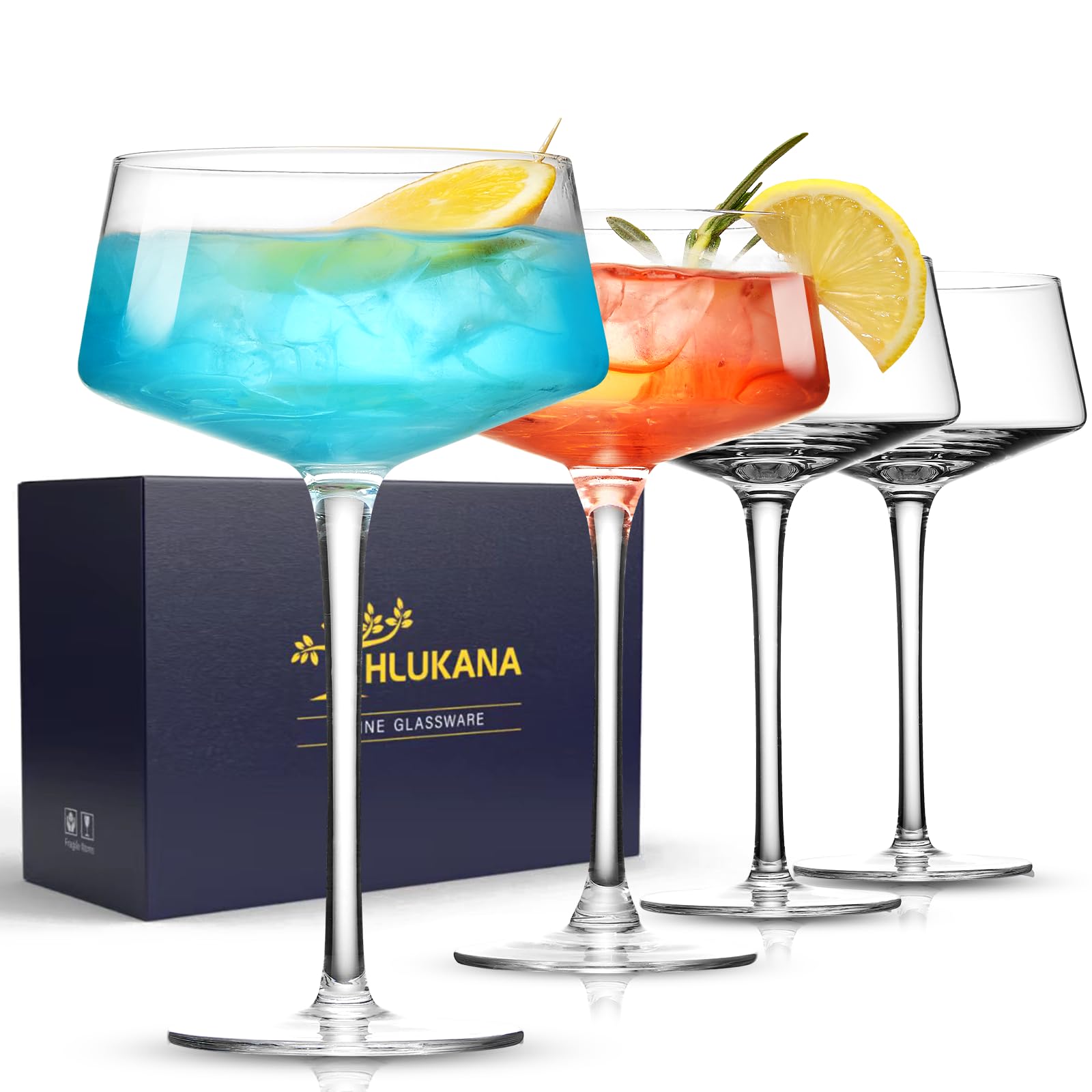 Hlukana Hand Blown Martini Glasses Set of 4, 8 oz Coupe Glass, Premium Crystal Cocktail Glassess, Champagne Glass, Handblown Drinkware Set, Perfect for Bar, Cocktails, Martinis, Margaritas, Parties