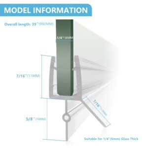 2-Pack iBath Shower Door Bottom Seal, Fit 3/8"(10mm) Glass Thick, Ultra Clear Frameles Glass Door Sweep Strips Stop Shower Leaks, Length 39"(992mm) Glass Door Seal Strip. (1/4" with Drip Rail)